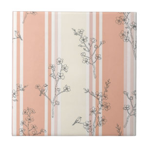 Vintage Bird Blossom Toile Stripe (13) Tile