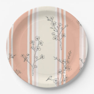 Vintage Bird Blossom Toile Stripe (14) Paper Plate