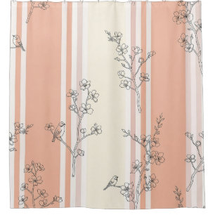 Vintage Bird Blossom Toile Stripe (14) Shower Curtain