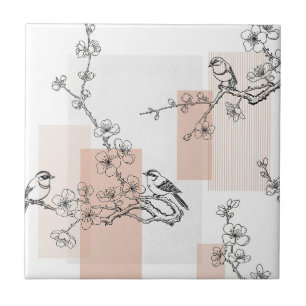 Vintage Bird Blossom Toile Stripe (14) Tile
