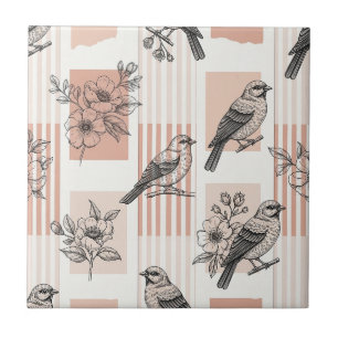 Vintage Bird Blossom Toile Stripe (15) Tile