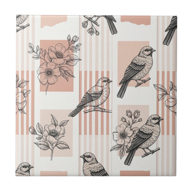 Vintage Bird Blossom Toile Stripe (15) Tile (Front)