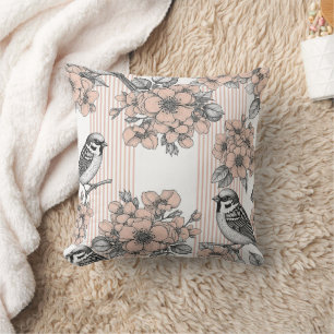 Vintage Bird Blossom Toile Stripe (1) Cushion