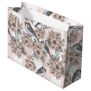 Vintage Bird Blossom Toile Stripe (1) Large Gift Bag