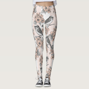 Vintage Bird Blossom Toile Stripe (1) Leggings