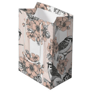 Vintage Bird Blossom Toile Stripe (1) Medium Gift Bag