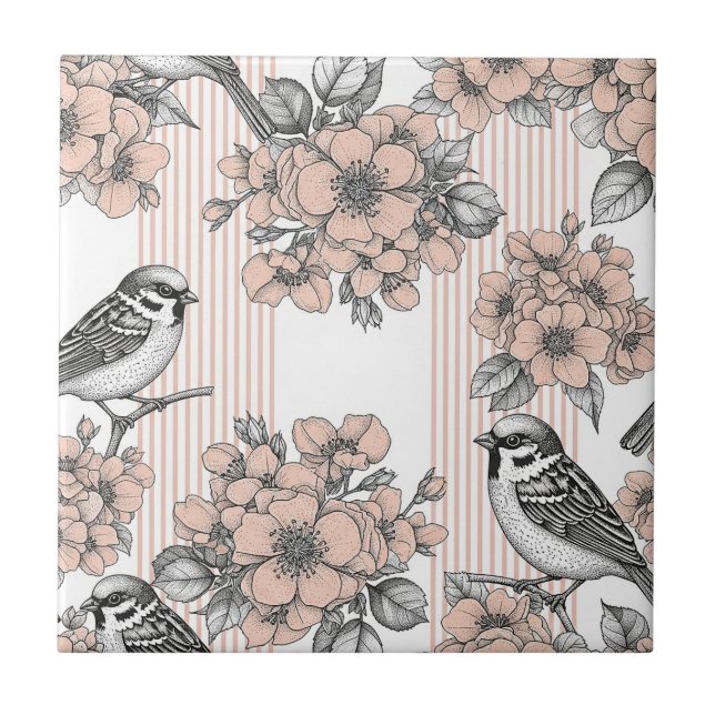 Vintage Bird Blossom Toile Stripe (1) Tile (Front)