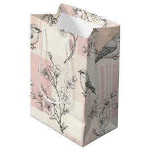 Vintage Bird Blossom Toile Stripe (2) Medium Gift Bag