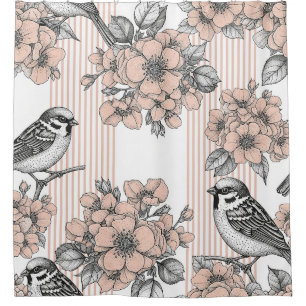 Vintage Bird Blossom Toile Stripe (2) Shower Curtain