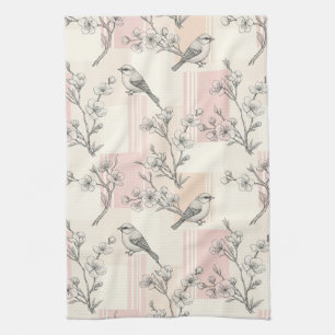 Vintage Bird Blossom Toile Stripe (2) Tea Towel