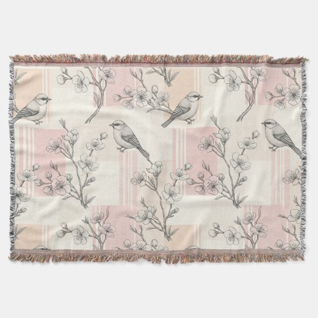 Vintage Bird Blossom Toile Stripe (2) Throw Blanket (Front)