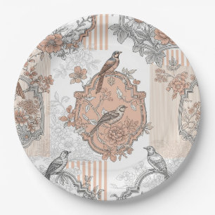 Vintage Bird Blossom Toile Stripe (3) Paper Plate