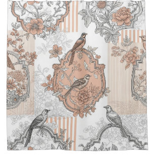 Vintage Bird Blossom Toile Stripe (3) Shower Curtain