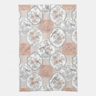 Vintage Bird Blossom Toile Stripe (3) Tea Towel