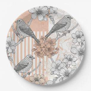 Vintage Bird Blossom Toile Stripe (4) Paper Plate