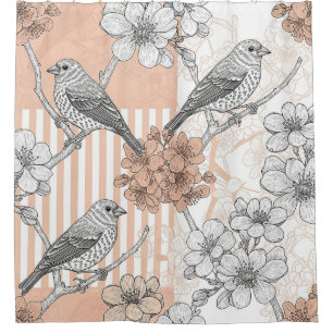 Vintage Bird Blossom Toile Stripe (4) Shower Curtain