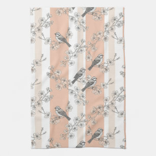 Vintage Bird Blossom Toile Stripe (4) Tea Towel