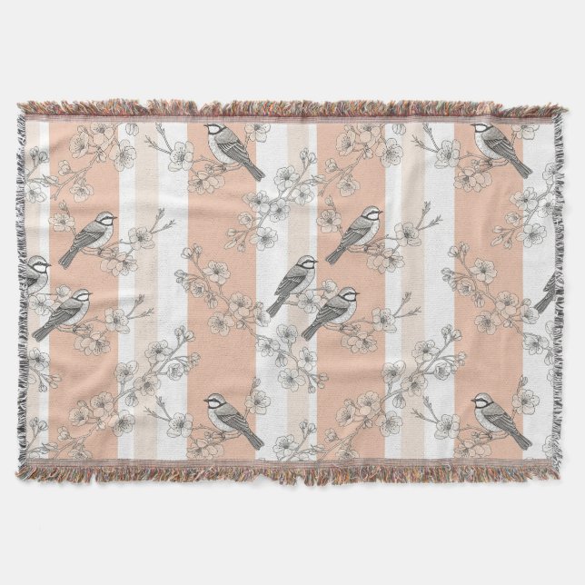Vintage Bird Blossom Toile Stripe (4) Throw Blanket (Front)