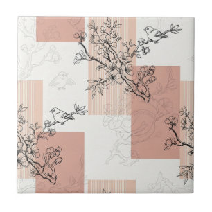 Vintage Bird Blossom Toile Stripe (4) Tile