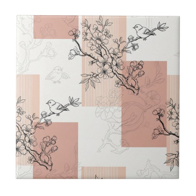 Vintage Bird Blossom Toile Stripe (4) Tile (Front)