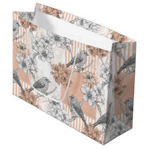 Vintage Bird Blossom Toile Stripe (5) Large Gift Bag
