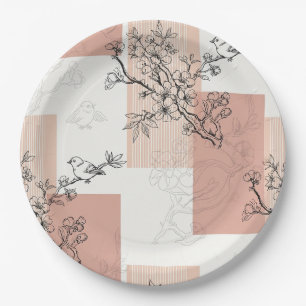 Vintage Bird Blossom Toile Stripe (5) Paper Plate