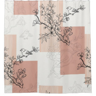 Vintage Bird Blossom Toile Stripe (5) Shower Curtain