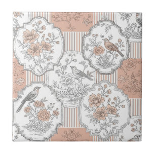 Vintage Bird Blossom Toile Stripe (5) Tile