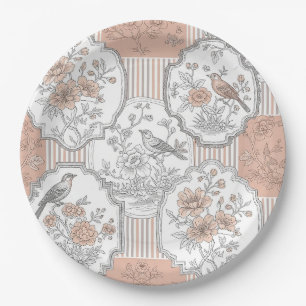 Vintage Bird Blossom Toile Stripe (6) Paper Plate