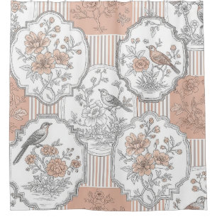 Vintage Bird Blossom Toile Stripe (6) Shower Curtain