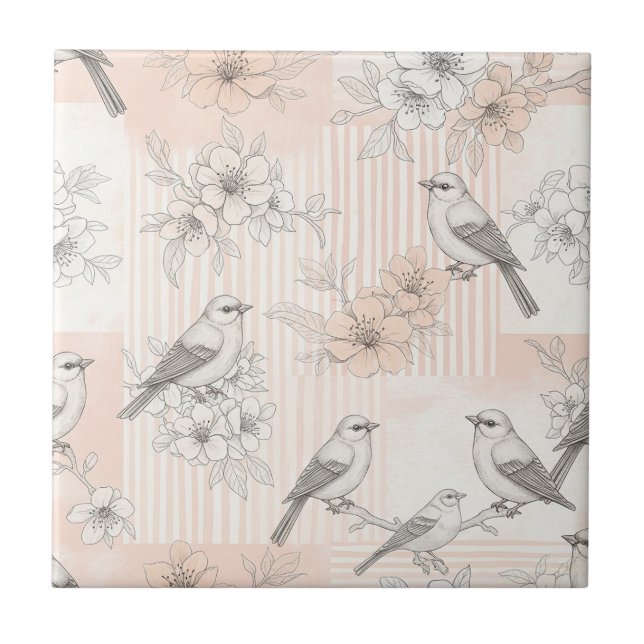 Vintage Bird Blossom Toile Stripe (6) Tile (Front)