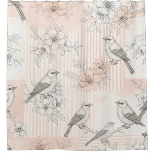 Vintage Bird Blossom Toile Stripe (7) Shower Curtain