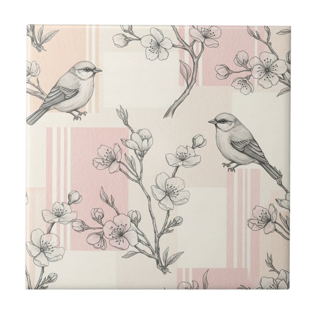 Vintage Bird Blossom Toile Stripe (7) Tile (Front)