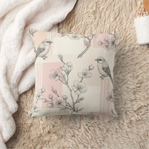 Vintage Bird Blossom Toile Stripe (8) Cushion