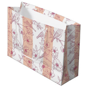 Vintage Bird Blossom Toile Stripe (8) Large Gift Bag