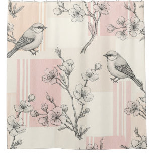 Vintage Bird Blossom Toile Stripe (8) Shower Curtain