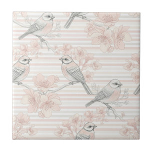Vintage Bird Blossom Toile Stripe (8) Tile