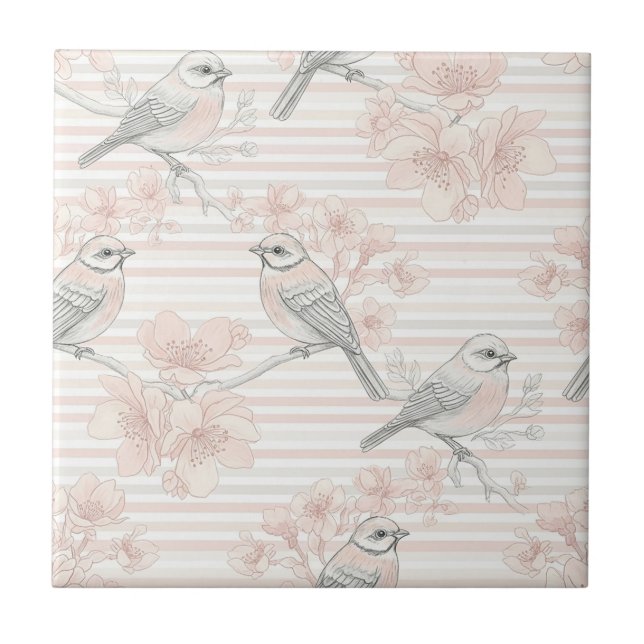 Vintage Bird Blossom Toile Stripe (8) Tile (Front)