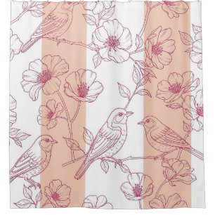 Vintage Bird Blossom Toile Stripe (9) Shower Curtain