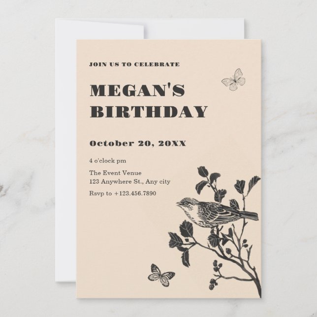 Vintage bird branch  invitation (Front)