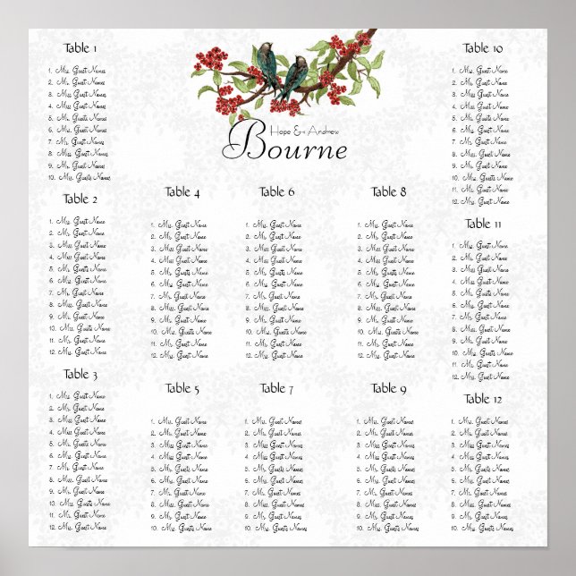 Vintage Bird Burgundy Teal Seating Chart 12 Tables (Front)