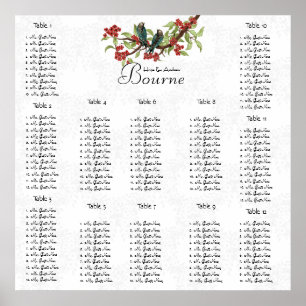 Vintage Bird Burgundy Teal Seating Chart 12 Tables