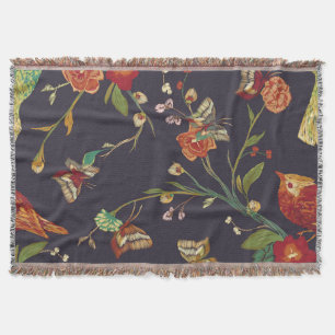 Vintage Bird, Butterfly, Embroidery Watercolor. Throw Blanket