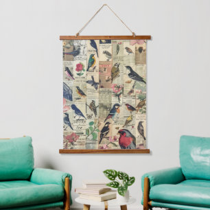 Vintage Bird Butterfly Newspaper Botanical Hanging Tapestry