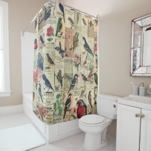 Vintage Bird Butterfly Newspaper Botanical Shower Curtain