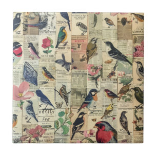 Vintage Bird Butterfly Newspaper Botanical Tile