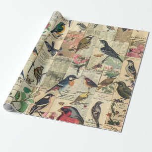 Vintage Bird Butterfly Newspaper Botanical Wrapping Paper