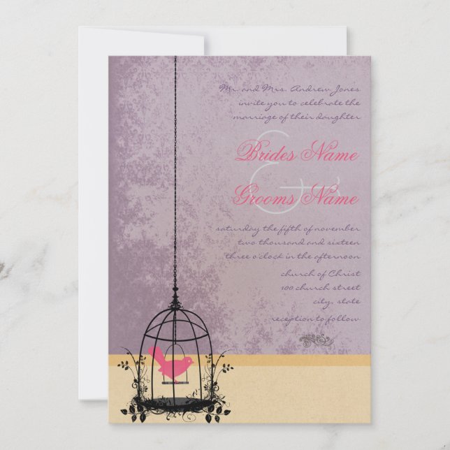 Vintage Bird Cage Eggplant Wedding Invitations (Front)