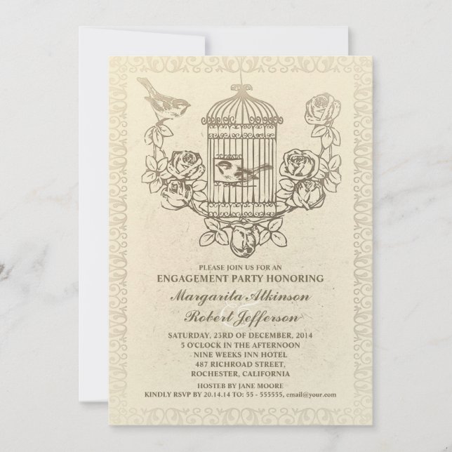 vintage bird cage engagement party invitations (Front)