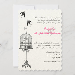 Vintage Bird Cage Pink Accents Wedding Invitations